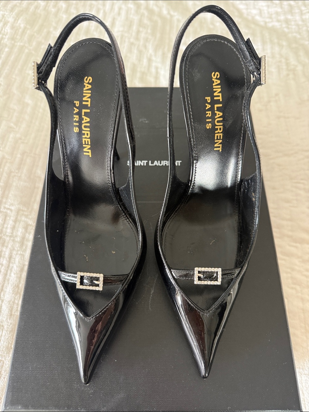 Authentic Saint Laurent Black Patent Pointed Slingback Pumps with Crystal Buckle
